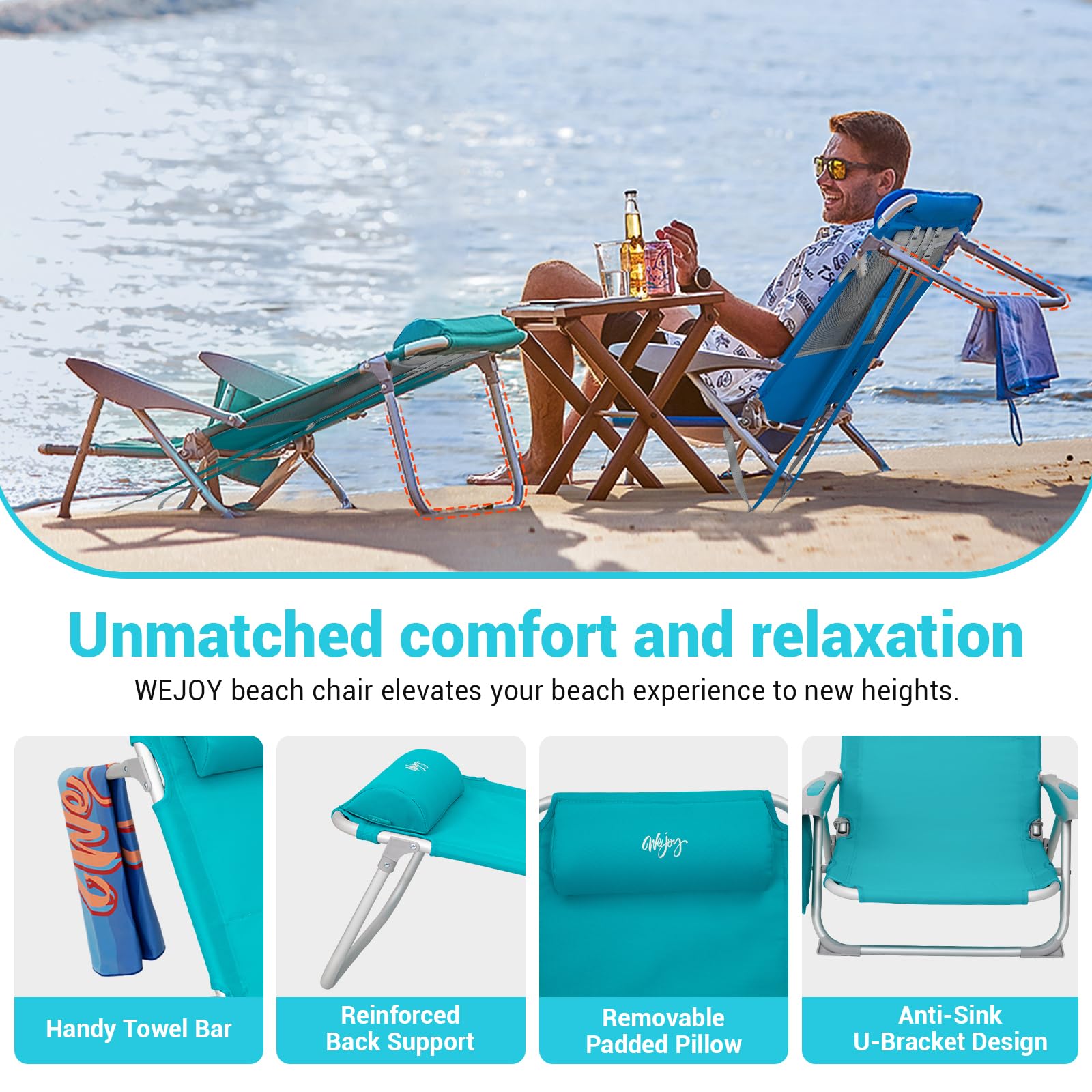 WEJOY 4-Position Aluminum Folding Beach Chair for Adults - Lightweight Low Sand Chair with Shoulder Strap, Cup Holder & Padded Headrest - Supports 265lbs - Perfect for Beach, Lawn, Camping & Outdoor Relaxation (Cyan Pattern)