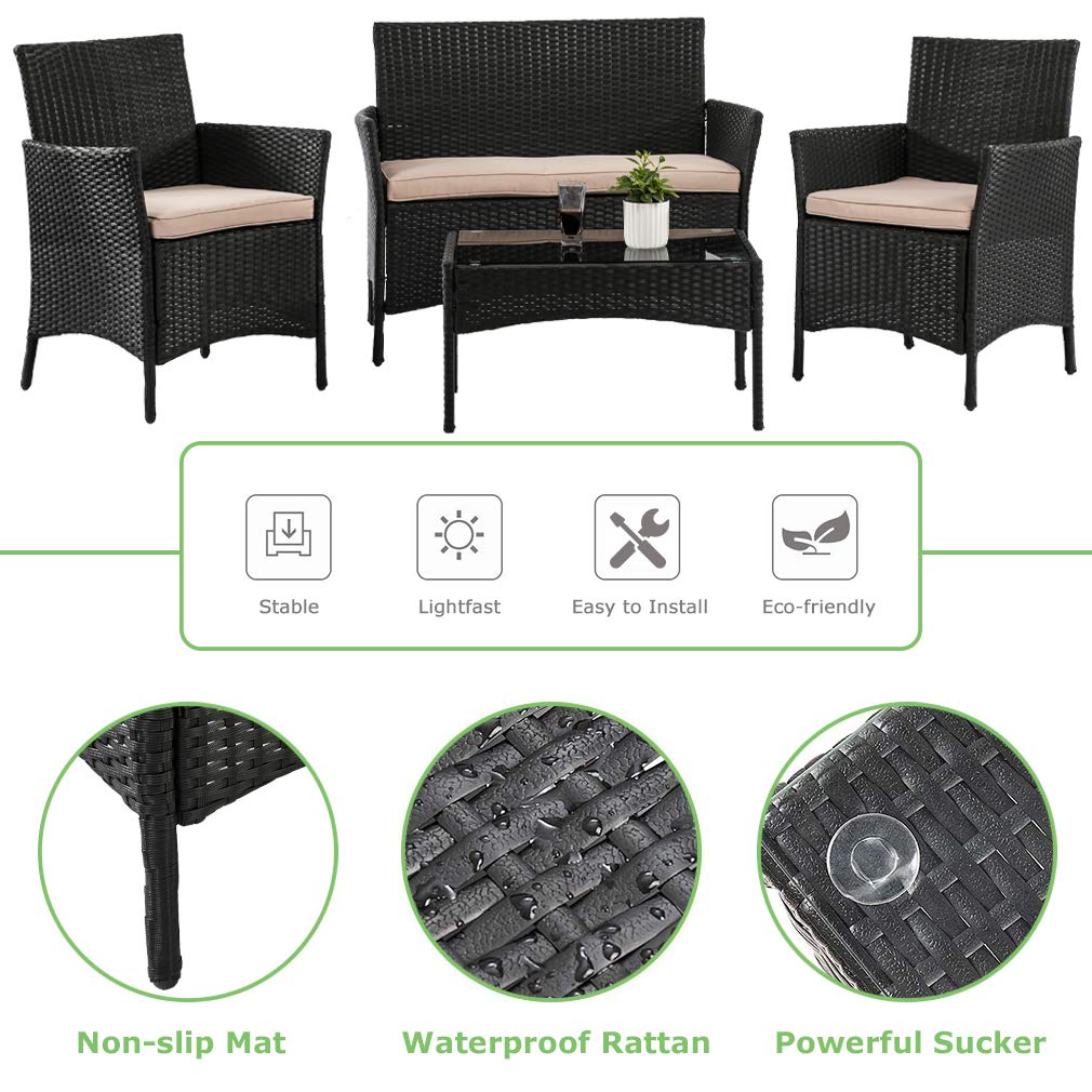 Outdoor 4-Piece Rattan Wicker Patio Furniture Set - Black Conversation Sofa & Coffee Table for Backyard, Garden, Poolside, Balcony or Porch | Weather-Resistant & Comfortable Seating