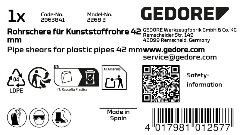 Gedore 2268 Professional 42mm Plastic Pipe Cutter - Heavy Duty PVC Pipe Shears for Plumbing, DIY & Construction Projects | Perfect for Cutting PVC, PE, PEX Pipes
