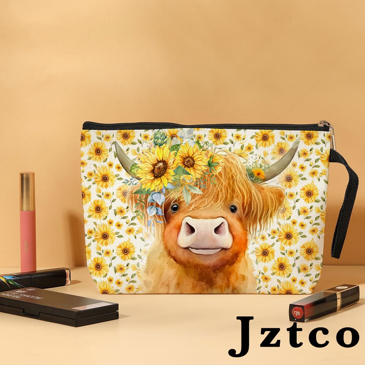 Western Cow Print Cosmetic Bag - Cute Highland Cow Makeup Pouch for Women | Cowgirl Country Themed Toiletry Bag | Perfect Gift for Mom, Daughter, Cow Lovers | Great for Graduation, Mother's Day & Birthday | Sunflower Design Travel Makeup Bag for Daily Use & Country Style Events