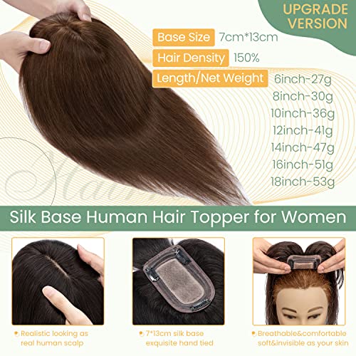 Clip in Human Hair Topper with Silk Base - Natural Looking Hairpiece for Thinning Hair - Perfect for Daily Wear, Special Occasions & Styling