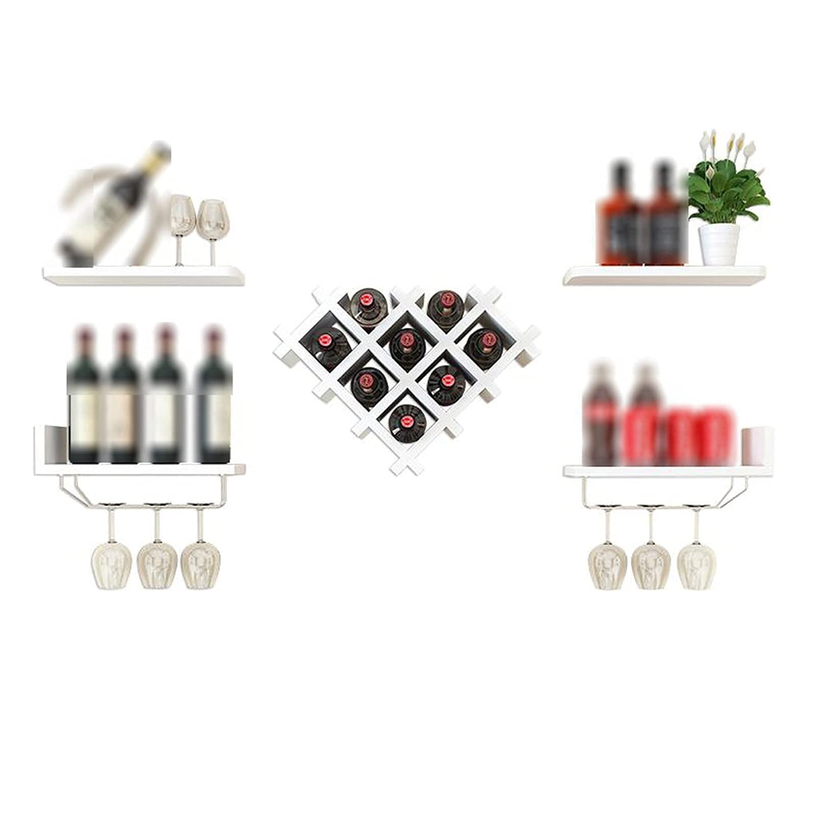 Heart-Shaped Wooden Wall Mounted Wine Rack with 4 Floating Shelves - Diamond Design Multifunctional Wine Bottle & Glass Holder for Home Bar, Kitchen, Dining Room (White)