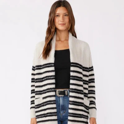 Stylish Grey & Black Long Sleeve Striped Cardigan Sweater for Women - Perfect for Office Wear, Casual Outings & Fall Layering