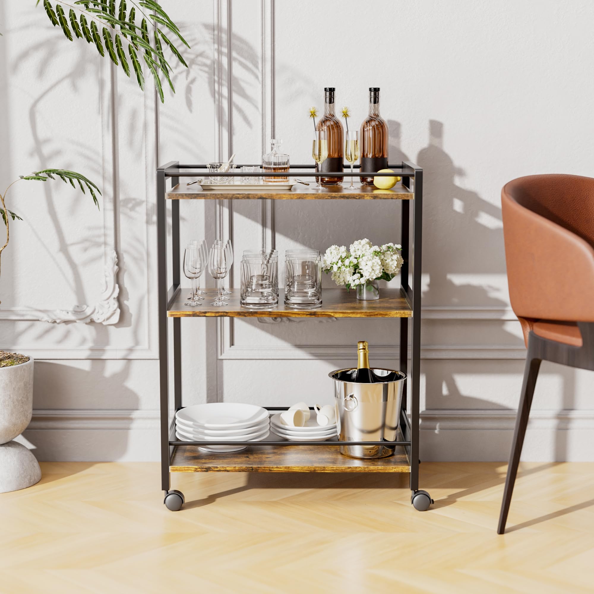 3-Tier Rolling Bar Cart with Wheels & Storage Shelves - Rustic Brown & Black Home Bar Serving Cart for Kitchen, Dining & Living Room | Perfect for Entertaining, Cocktail Parties & Beverage Storage