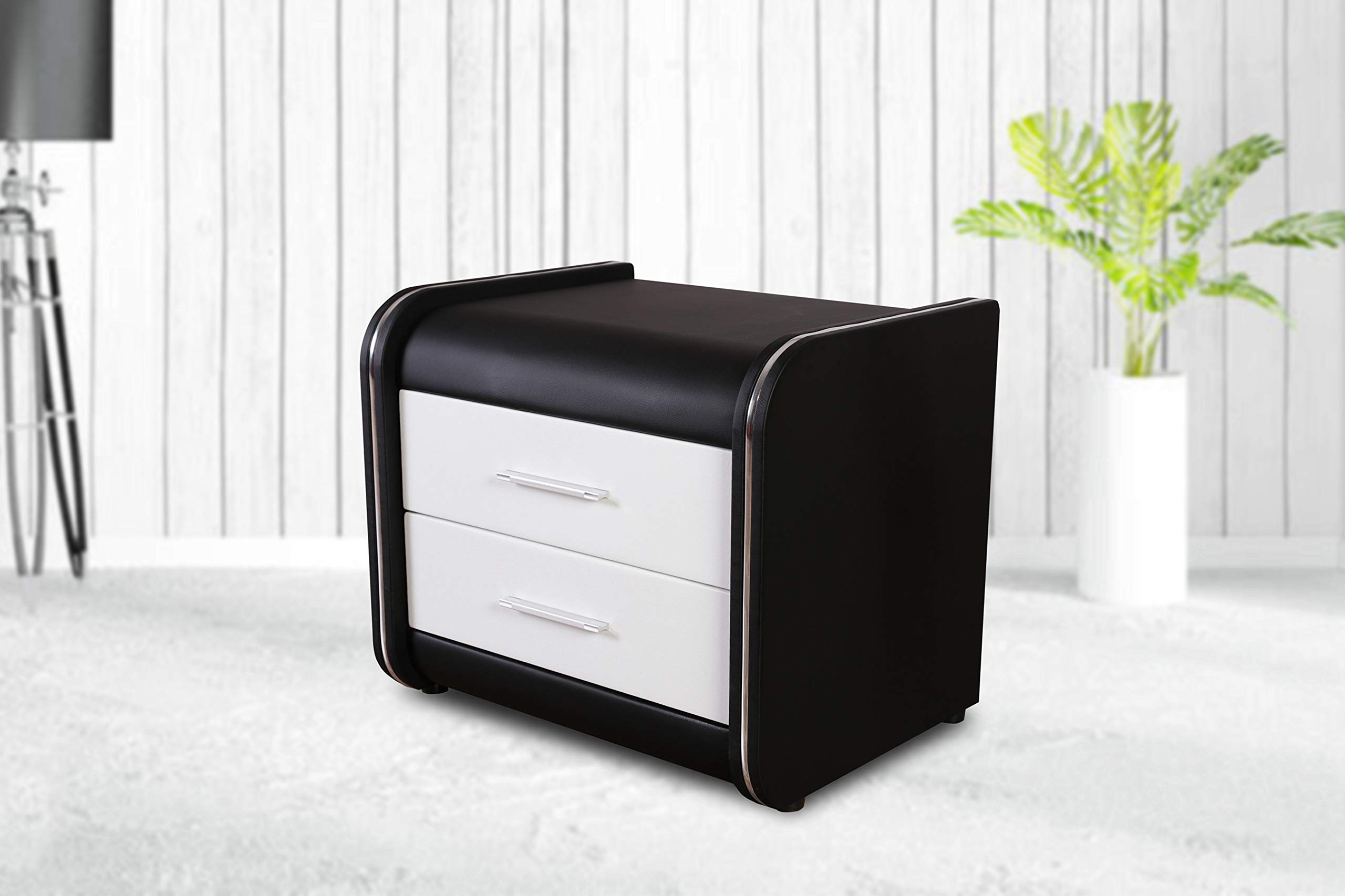 Modern Black and White Vinyl Covered Nightstand with 2 Drawers - Bedroom Side Table for Small Spaces, Apartment Furniture, Bedside Storage Solution
