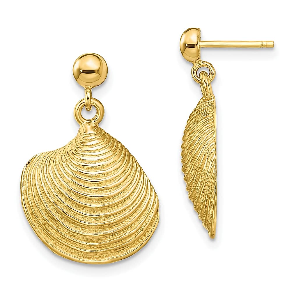 10K Yellow Gold Textured Clam Shell Mermaid Nautical Drop Dangle Earrings for Women | Ocean-Themed Fine Jewelry | Perfect Gift for Her, Beach Vacation, Summer Outfits & Special Occasions