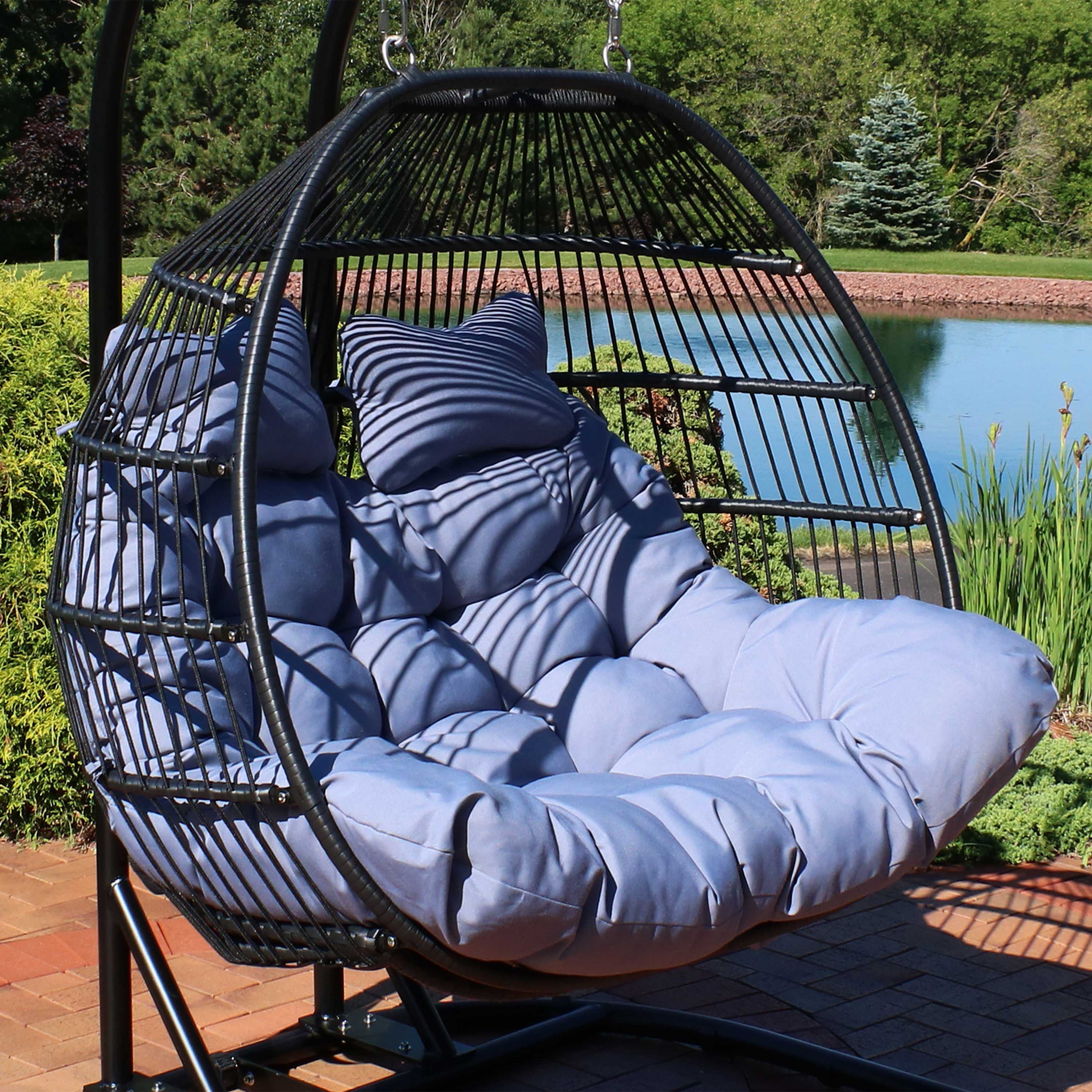Sunnydaze Liza Loveseat Egg Chair with Cushions - Gray Outdoor Hanging Swing Chair for Patio, Garden & Backyard Relaxation