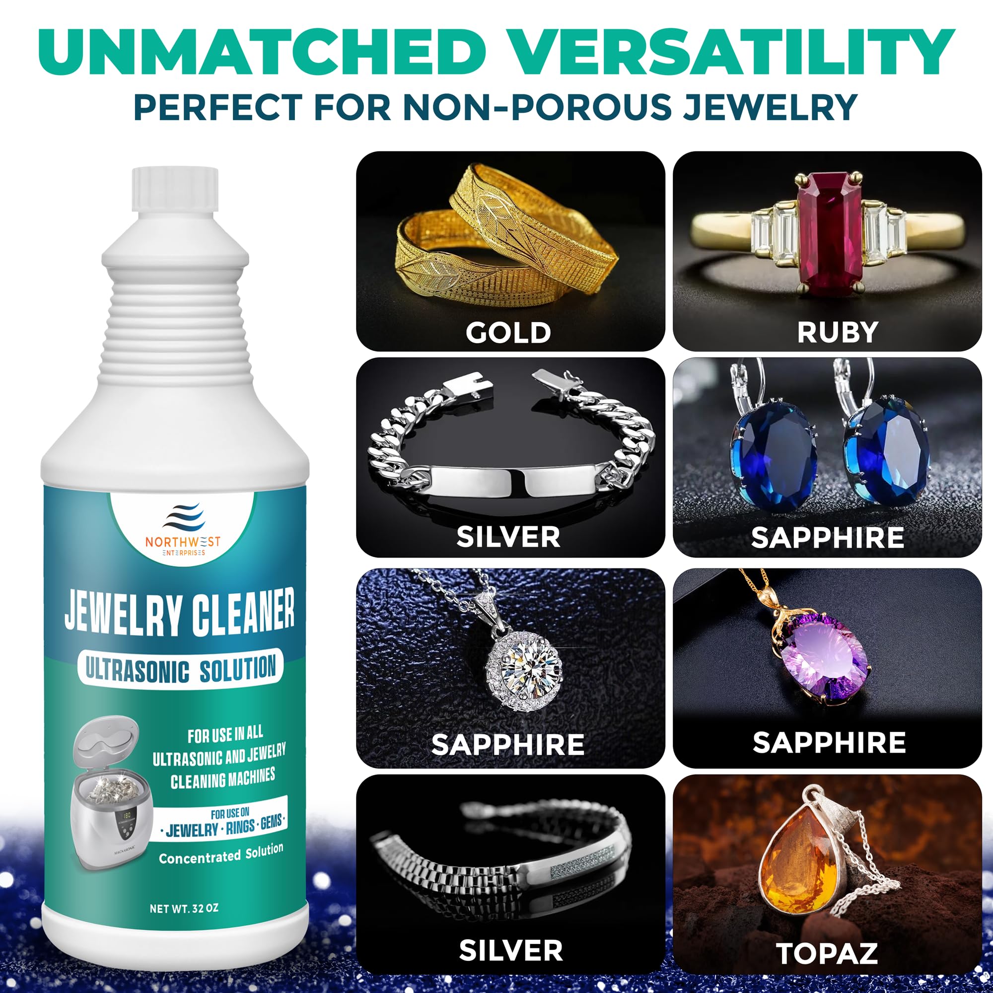 Premium Ultrasonic Jewelry Cleaner Solution - Safely Cleans Gold, Silver, Platinum, Diamonds & Gemstones | Non-Toxic 32oz Formula for Rings, Necklaces, Watches & More | Professional Jewelry Cleaning at Home