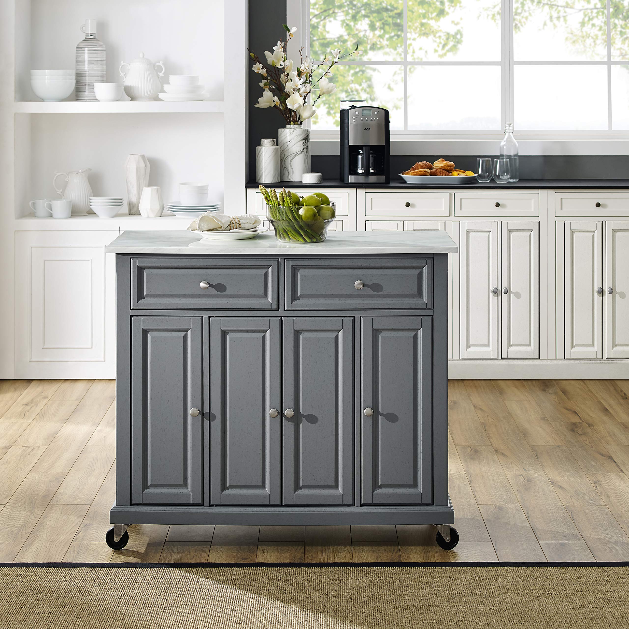 Crosley Avery Rolling Storage Cart - Kitchen Island with Shelves, Microwave Stand & Coffee Bar Organizer - Gray - Perfect for Small Spaces, Apartment Living & Mobile Kitchen Storage