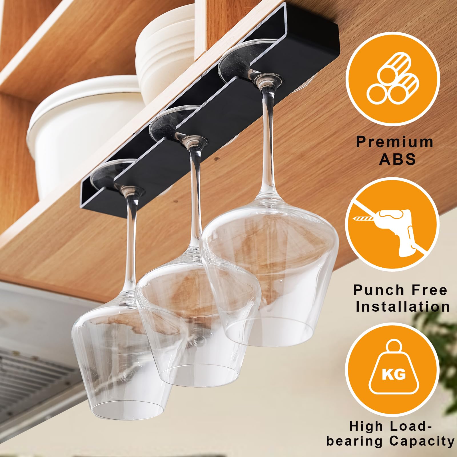 2 Pack No Drill Wine Glass Holder - Hanging Stemware Rack Organizer for Bar, Cabinet & Kitchen (Black) | Perfect for Home Bars, Wine Cellars & Small Space Storage