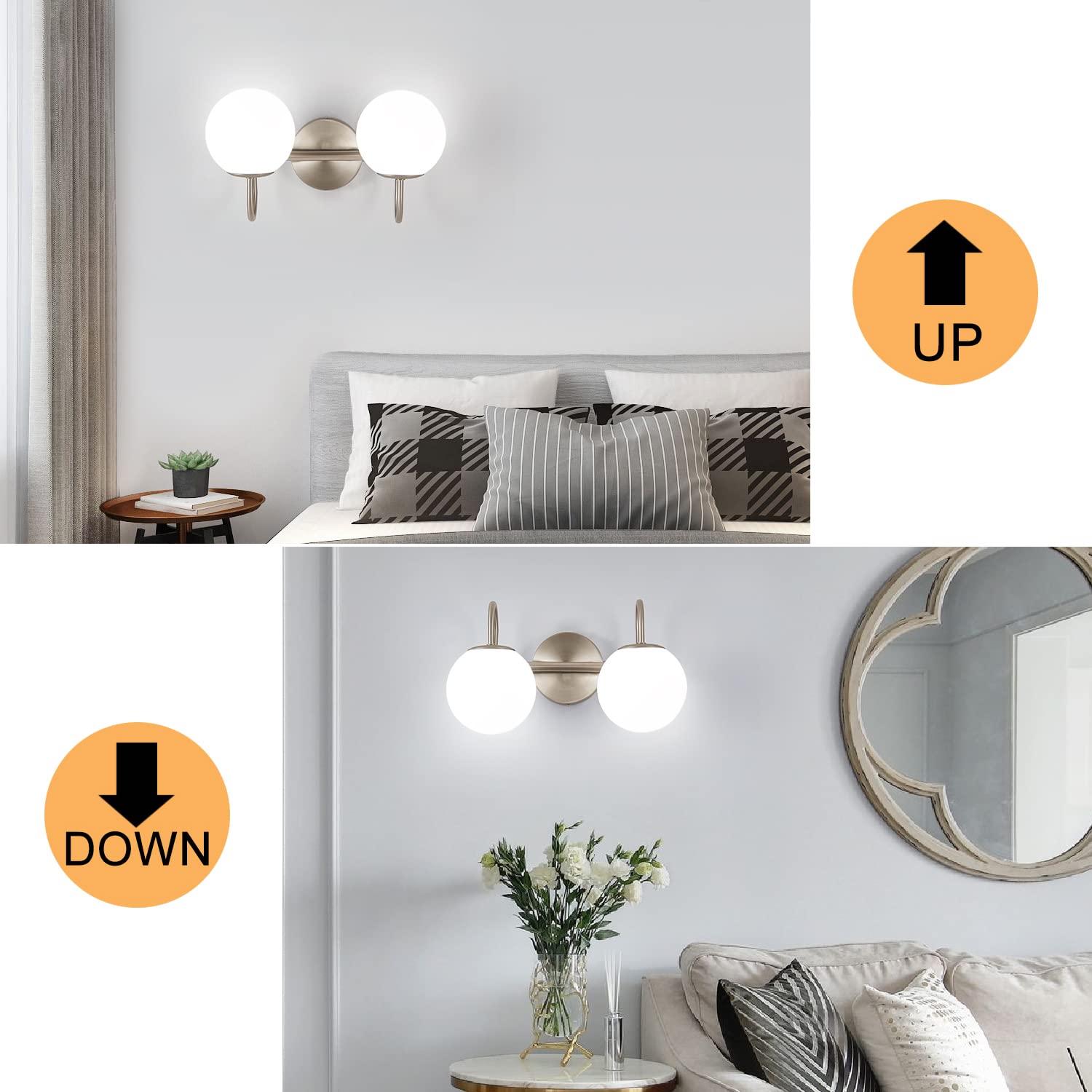 Modern Brushed Nickel Bathroom Vanity Light Fixtures - 2 Lights with Milk White Globe Glass Shade, Wall Sconce for Mirror Lighting (G9 Bulb Not Included) - Perfect for Contemporary Bathrooms, Powder Rooms & Vanity Areas