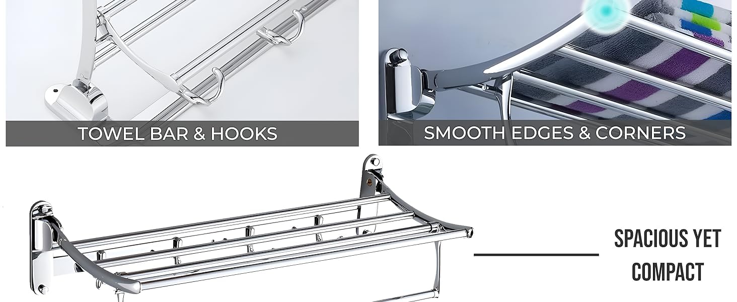 Raxon Innovation 24-Inch Stainless Steel Folding Towel Rack - Heavy Duty Bathroom Towel Holder & Stand with Wall Mount - Space Saving Storage Solution for Towels, Robes & Bathroom Accessories (Pack of 1) - Perfect for Small Bathrooms, Apartments & Laundry Rooms