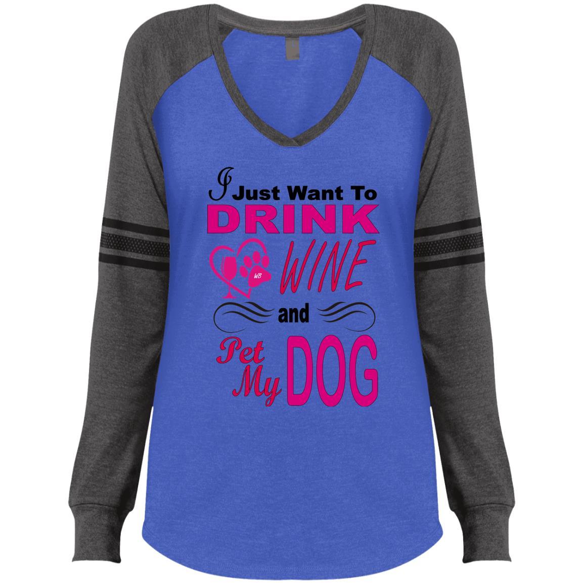 Funny Wine Lover T-Shirt - 'I Just Want To Drink Wine & Pet My Dog' V-Neck Top for Women | Perfect for Wine Parties, Dog Lovers & Casual Outings