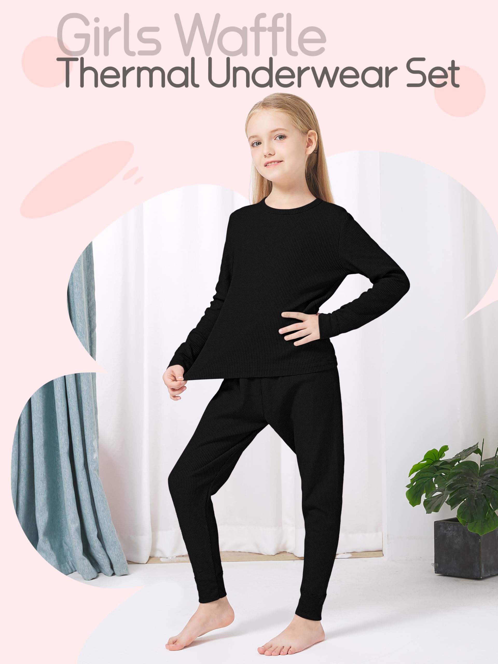 VZV Girls Kids Thermal Underwear Set - Soft Cotton Waffle Long Johns Base Layer for Cold Weather | Warm Winter Pajamas & Outdoor Activities