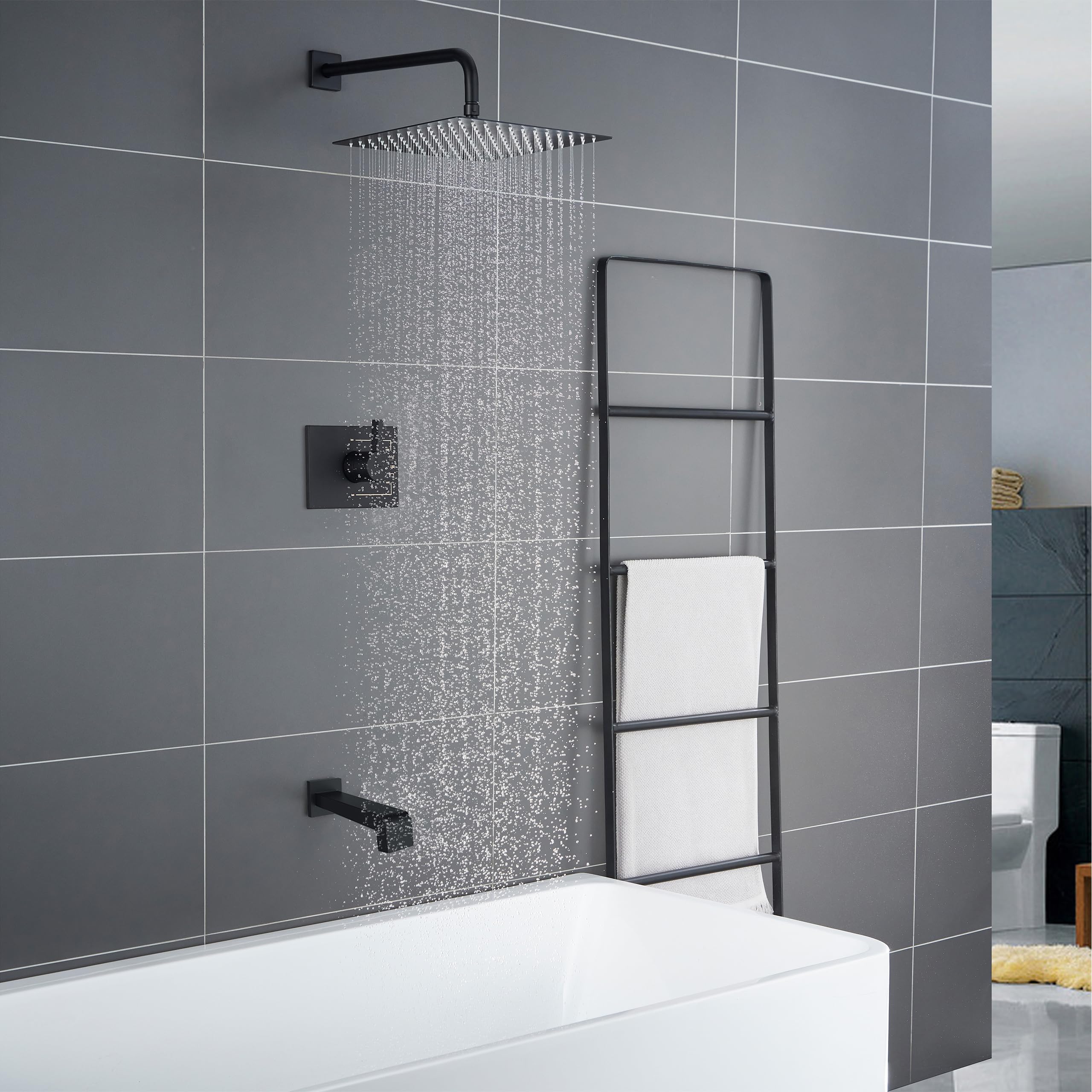 Premium Matte Black Shower Faucet Set - 12 Inch Rainfall Shower Head with Tub Spout & Handle (Includes Valve) | Modern Bathroom Upgrade for Spa-Like Experience