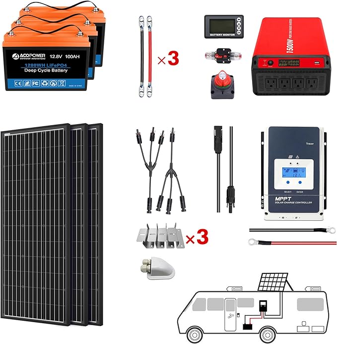 Acopower 200W Monocrystalline Solar Panel Kit with 300Ah (3x100Ah) Lithium Battery - Perfect for RV, Boat & Off-Grid Power Supply