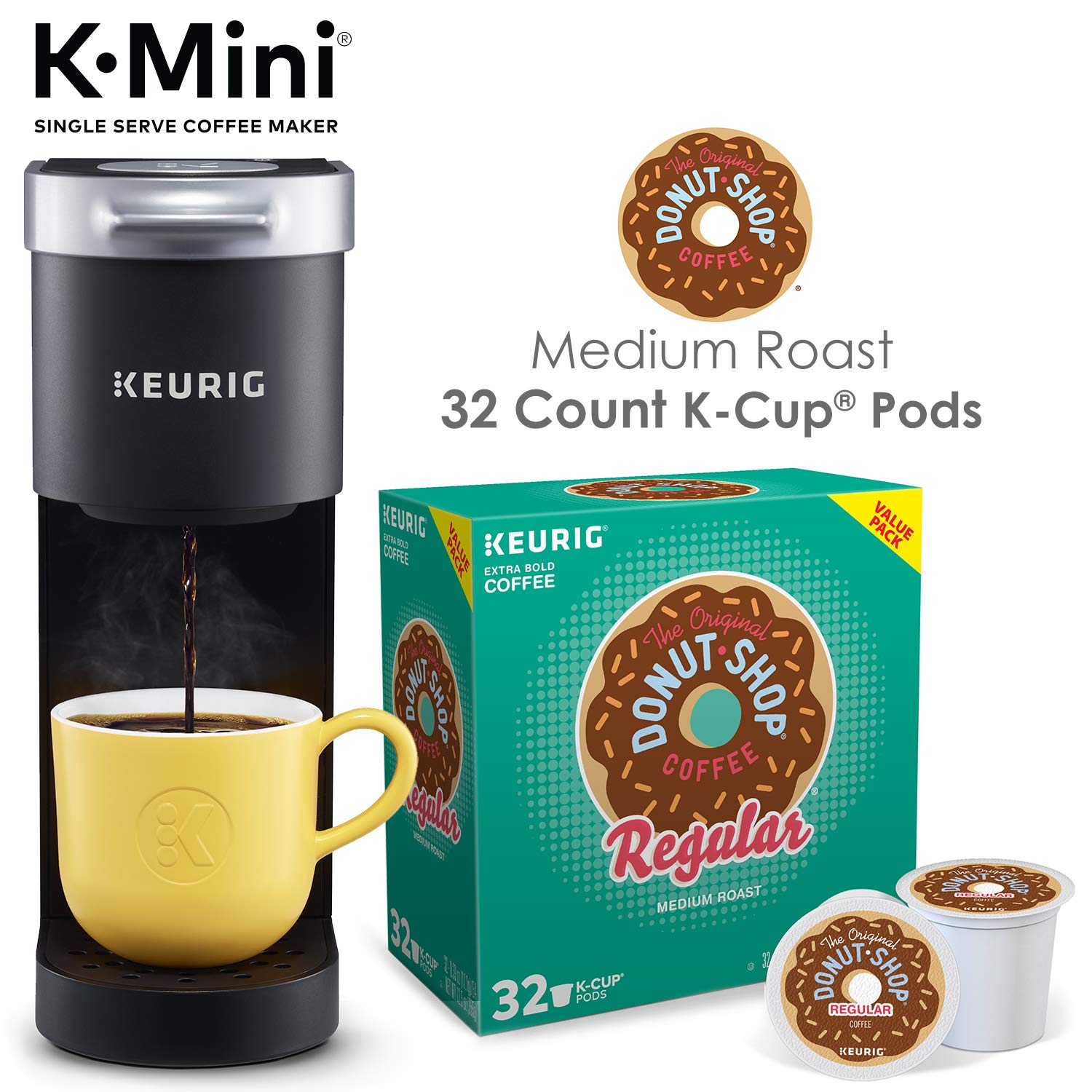 Keurig K-Mini Single Serve Coffee Maker with 32 Donut Shop Coffee Pods - Compact & Fast Brewing for Home, Office, or Dorm Use