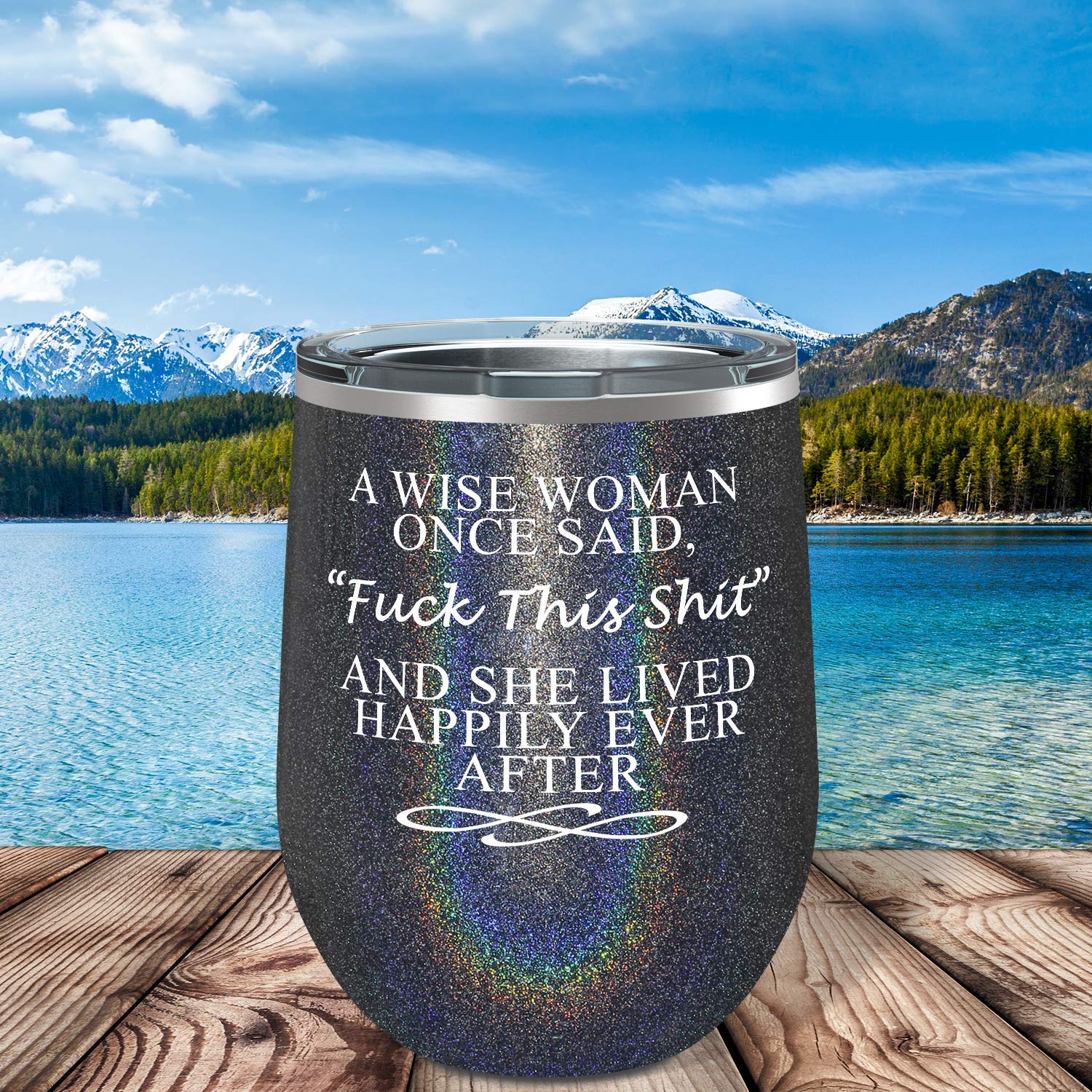 Funny Wine Tumbler for Women - 12oz Black Glitter Cup with Inspirational Quote 'A Wise Woman Once Said' - Perfect Birthday Gift for Mom, Wife, Best Friend, Girlfriend & Coworker - Great for Parties, Office Use & Daily Coffee/Drinks