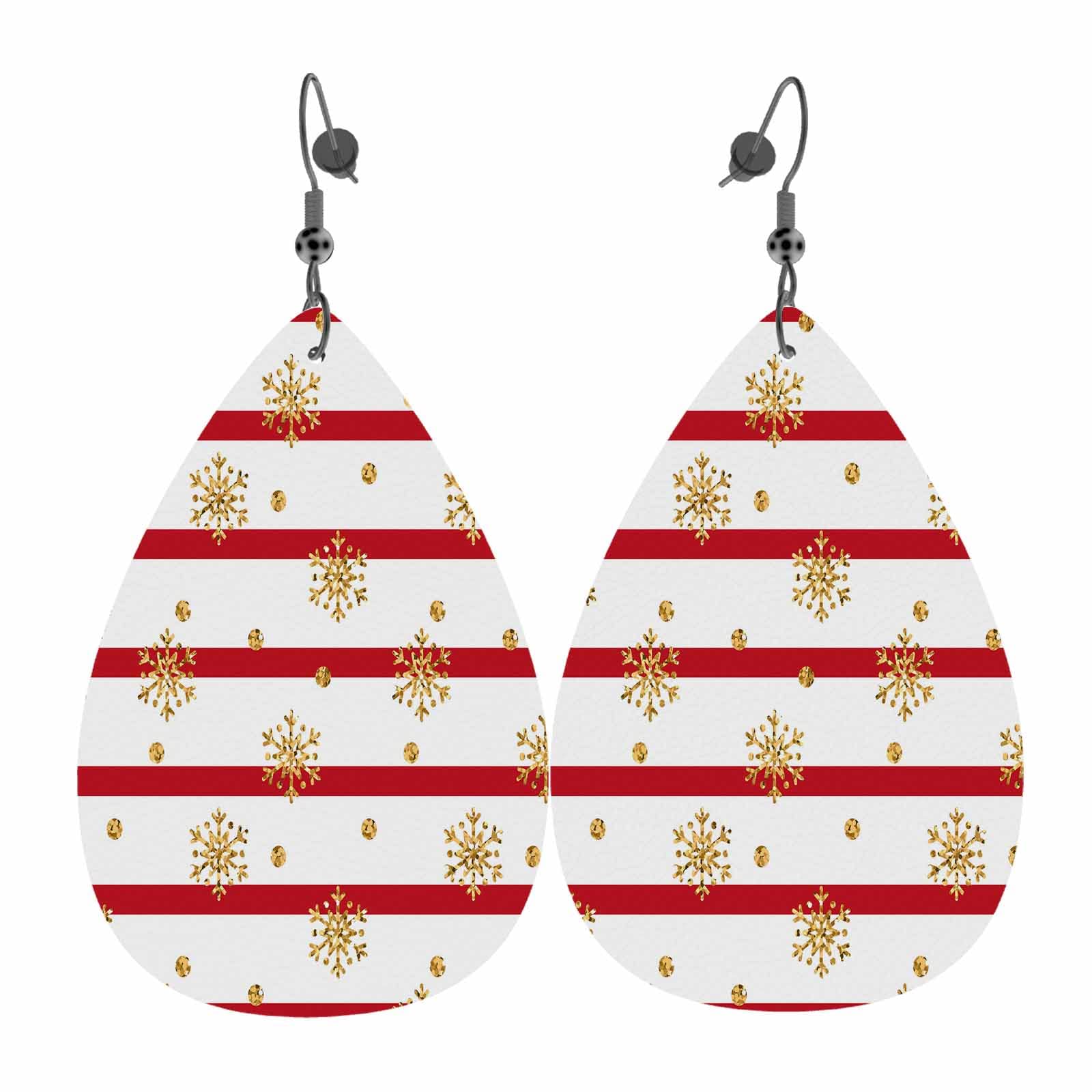 Christmas Gold Snowflake Leather Dangle Earrings for Women – Red Horizontal Line Teardrop Double-Sided Lightweight Leaf Earrings | Holiday Party, Gift, Winter Fashion Accessories