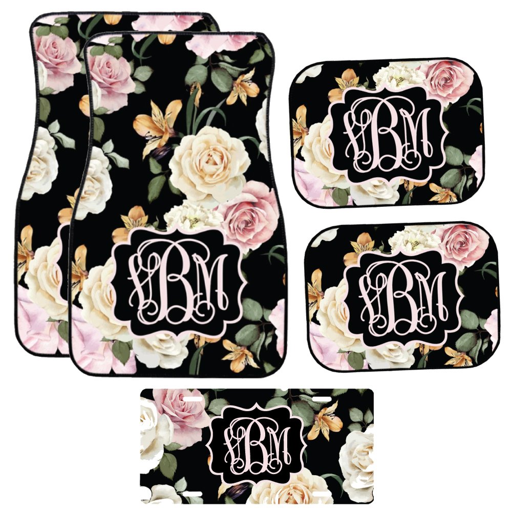 Personalized Black Floral Pink and Cream Roses Car Mats - Set of 5 Waterproof Floor Mats for Sedan, SUV, Truck - Perfect Gift for Women, Car Enthusiasts & Home Decor