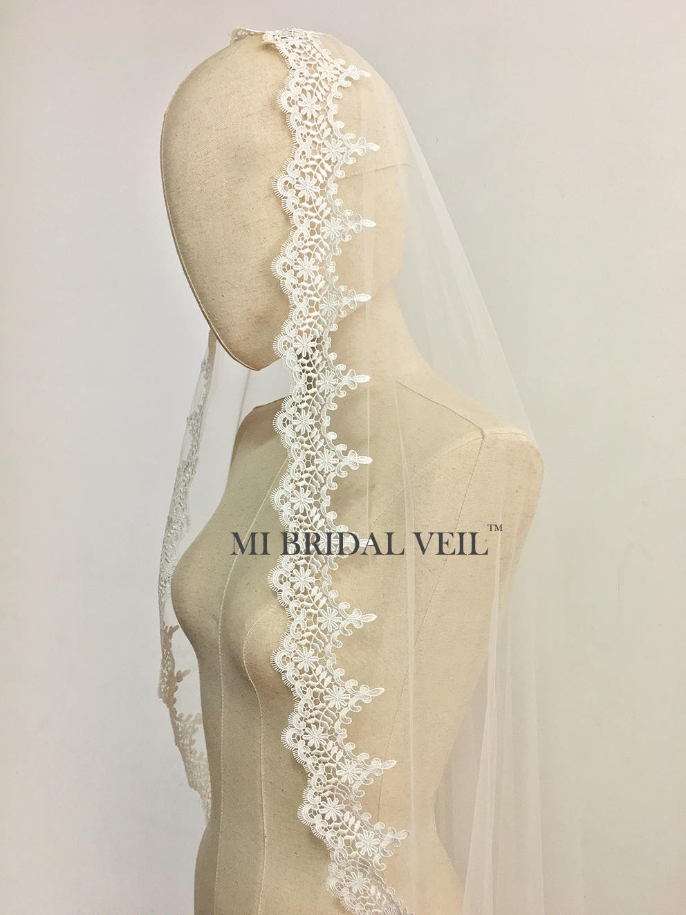 Elegant Mantilla Lace Wedding Veil with Venice Crochet & Rose Leaf Design - Perfect for Bridal Ceremonies, Church Weddings & Vintage Style Photos