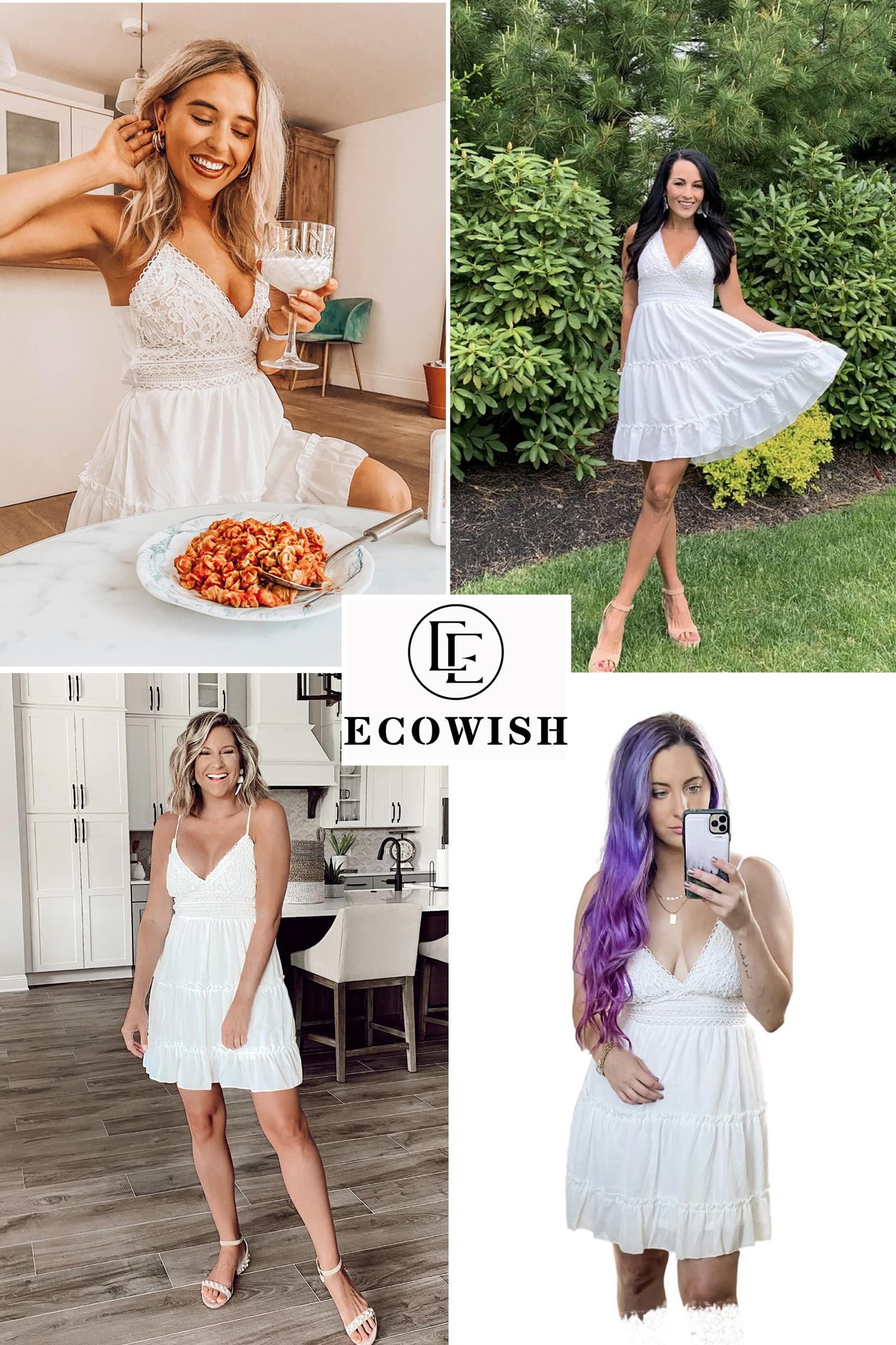 ECOWISH Women's Summer Dress 2025 - V-Neck Spaghetti Strap Lace Mini Dress with Bow Back Detail | Perfect for Beach Vacations, Date Nights & Summer Parties