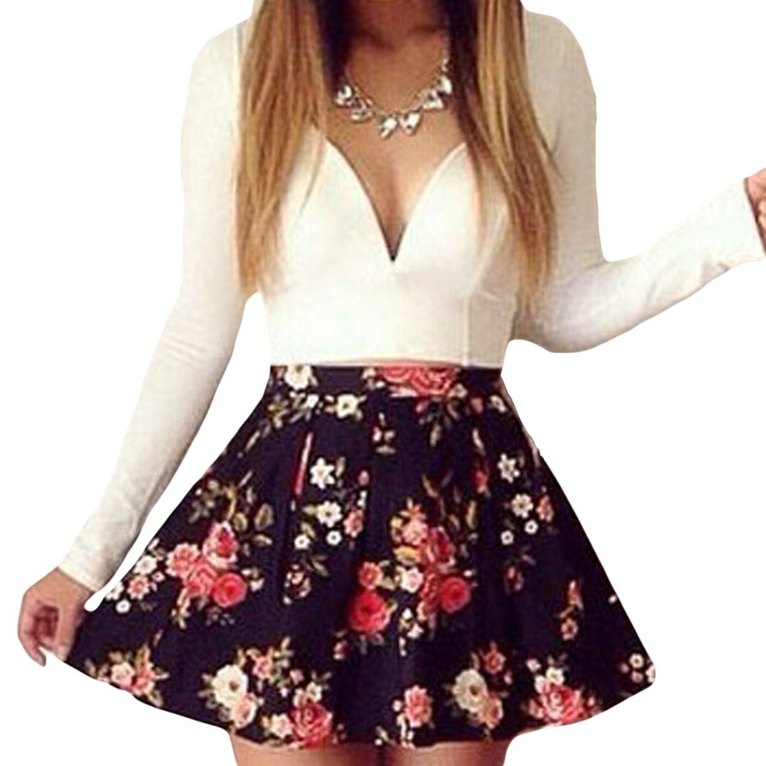 Fulision Floral Print Mini Dress - Deep V-Neck Low-Cut Short Skirt for Women | Perfect for Summer Parties, Date Nights & Beach Vacations