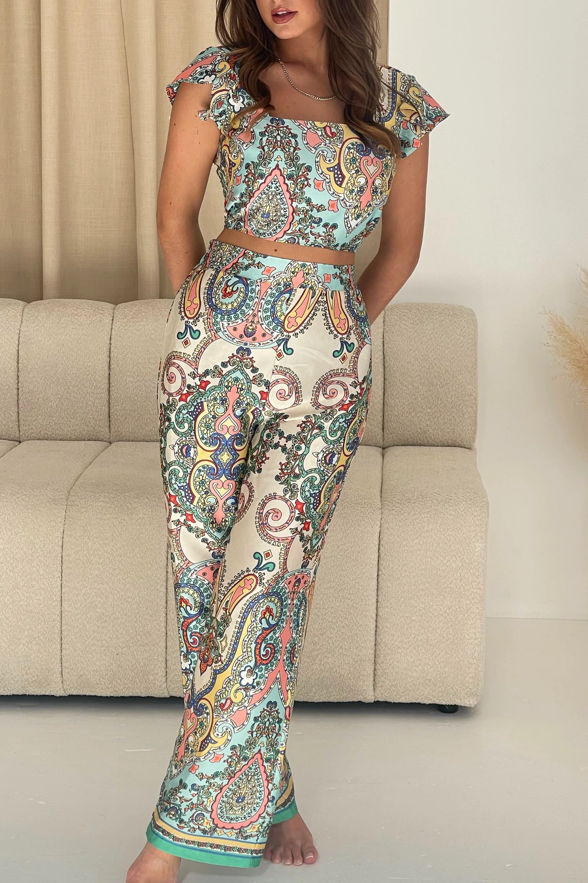 Blossom Paisley Print Women's Casual Pants - Blue Bohemian Floral Trousers for Spring Summer Outfits, Travel & Beach Vacations