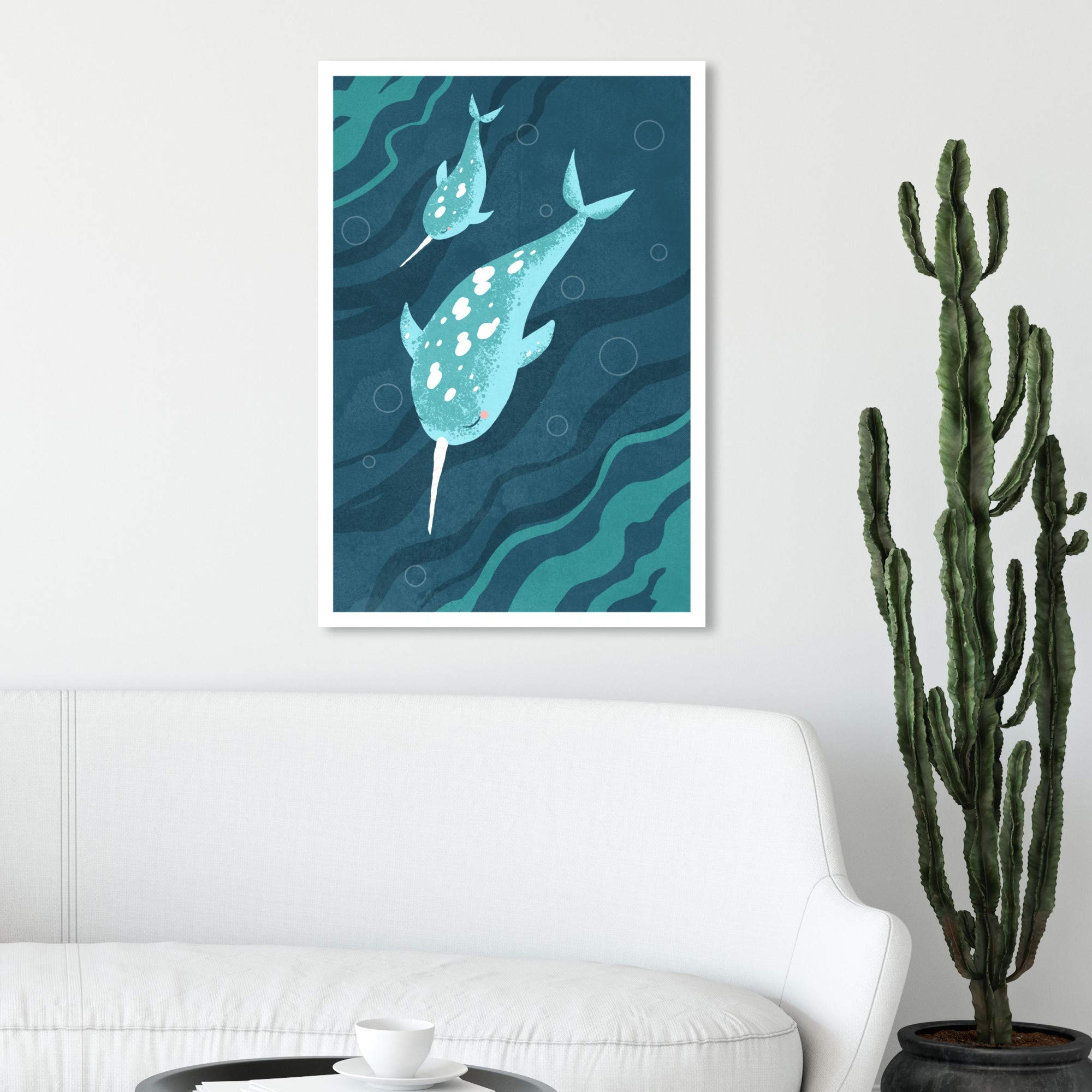 Wynwood Studio Narwhals Wall Art Canvas Print - 20x30 Inches Blue & White Ocean Animal Decor for Living Room, Bedroom, or Office