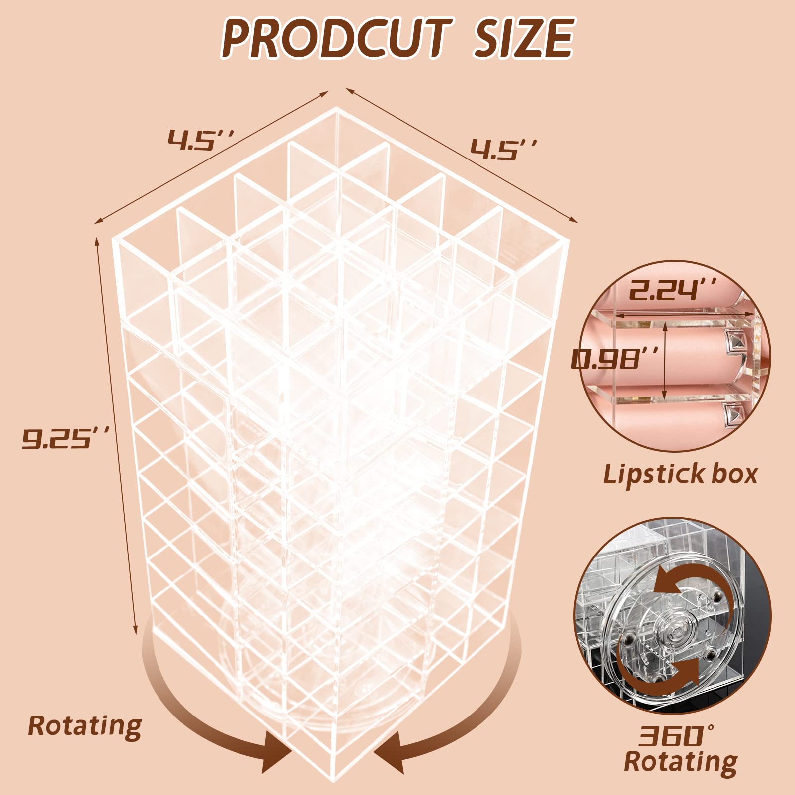 Display4Top Acrylic Rotating 64-Slot Lipstick Organizer - 360° Spinning Lipstick Tower with Removable Dividers | Perfect for Makeup Vanity, Cosmetic Display & Beauty Salon Organization