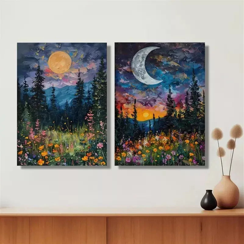 2PCS Sun and Moon Floral Oil Paintings Canvas Wall Art - 50x75cm Framed Prints, High Quality Australian Made, Ready to Hang - Perfect for Living Room, Bedroom, Office Decor