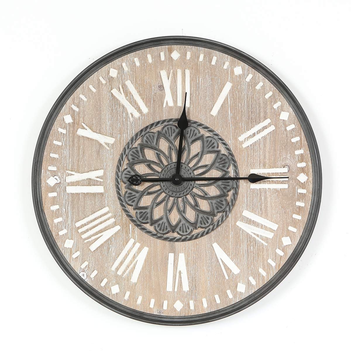 LuxenHome Rustic Engineered Wood & Gray Iron Frame Wall Clock - Farmhouse Decor for Living Room, Bedroom, Office
