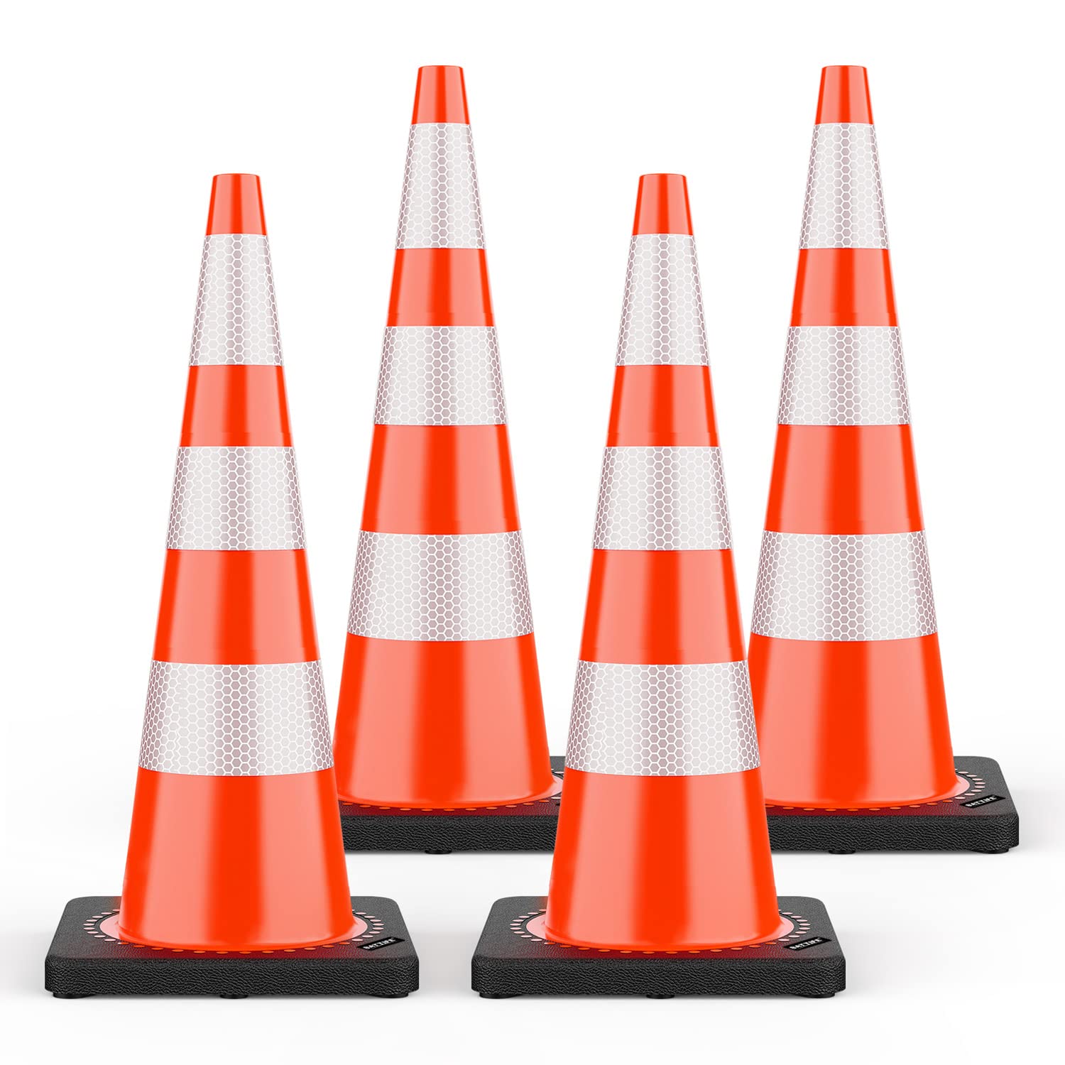 (4 Pack) BATTIFE 36 Inch Heavy Duty Traffic Cones with Weighted Black Base - High Visibility PVC Orange Safety Cones for Road Construction, Parking Control, Driveway Safety & Outdoor Events - Perfect for Traffic Management, School Zones & Emergency Situations