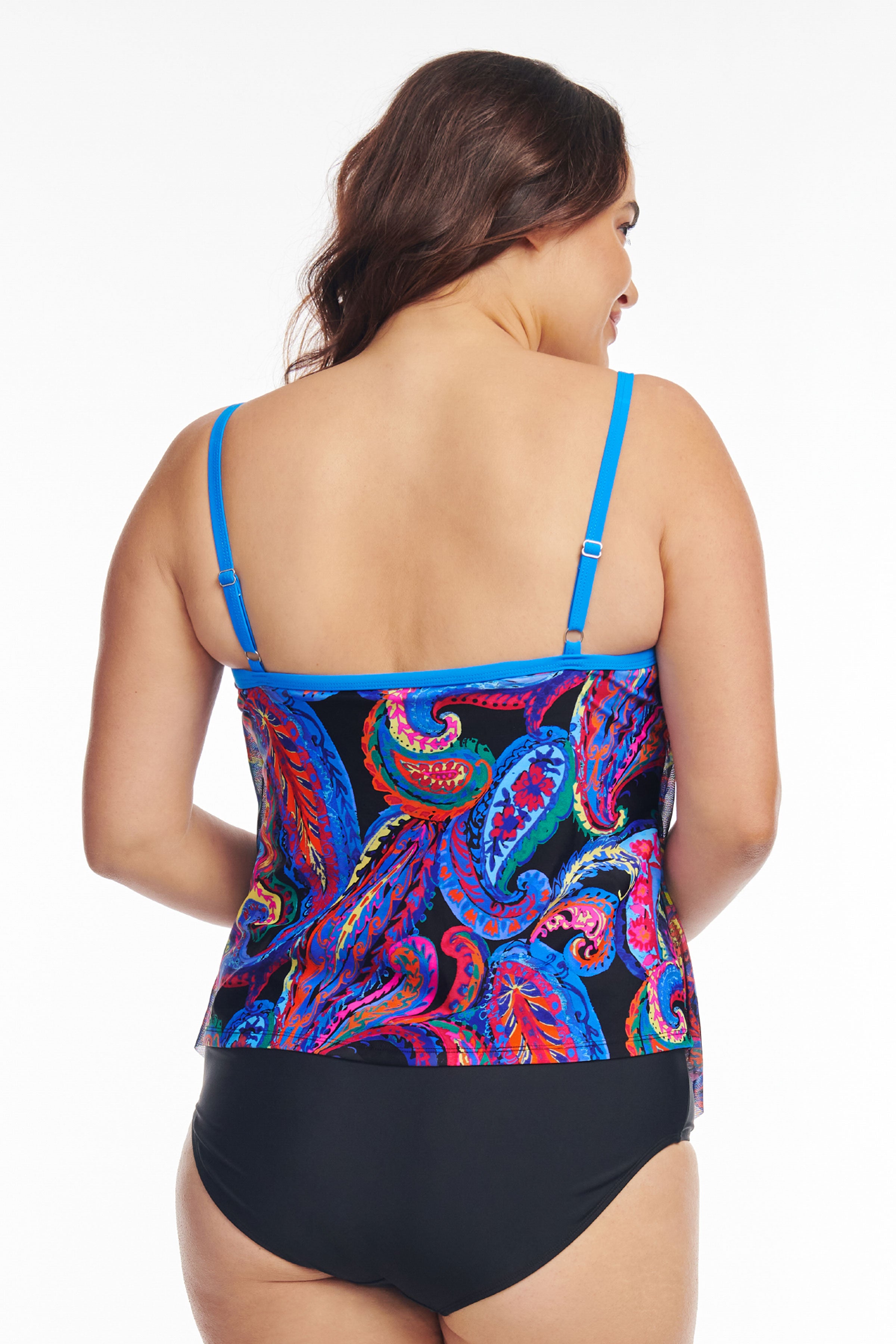 Plus Size Draped Tier Mesh Tankini Top - French Paisley Print Swimwear for Women | Beach Vacation, Pool Party & Summer Outfits