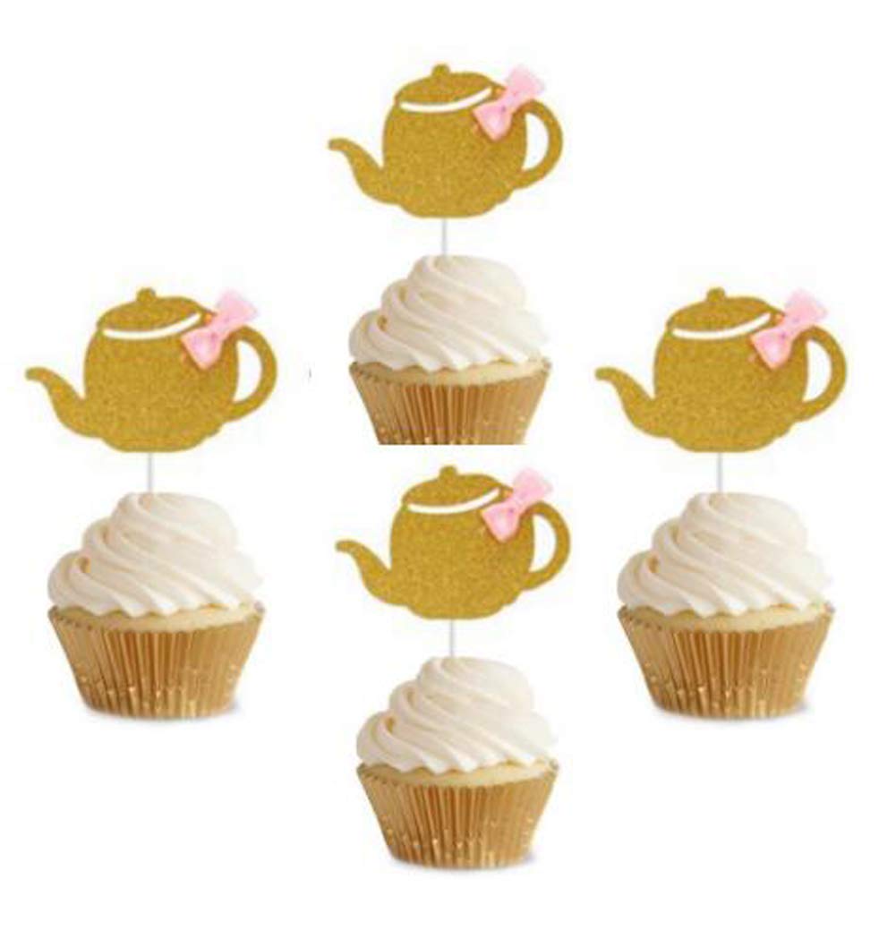 24pcs Glitter Gold Teapot Cupcake Toppers for Tea Party, Birthday, Baby Shower & Wedding Decorations - Edible Cake Topper Set for Baking & Dessert Displays
