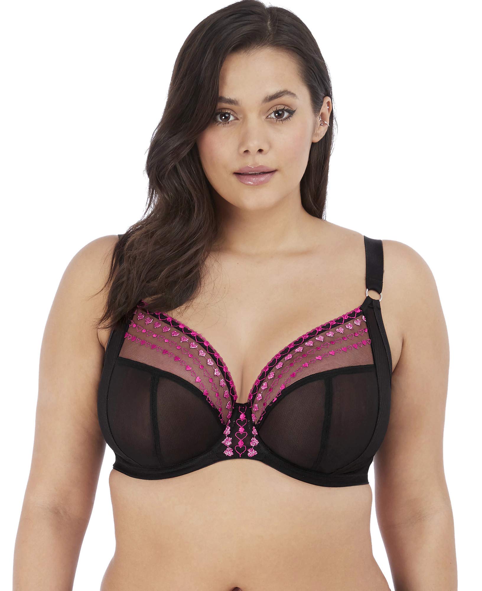 Elomi Women's Matilda Plunge Bra - DD+ Size, Sheer Mesh Cups with Side Support & Adjustable J-Hook for Racerback | Perfect for Everyday Wear, Workouts & Special Occasions