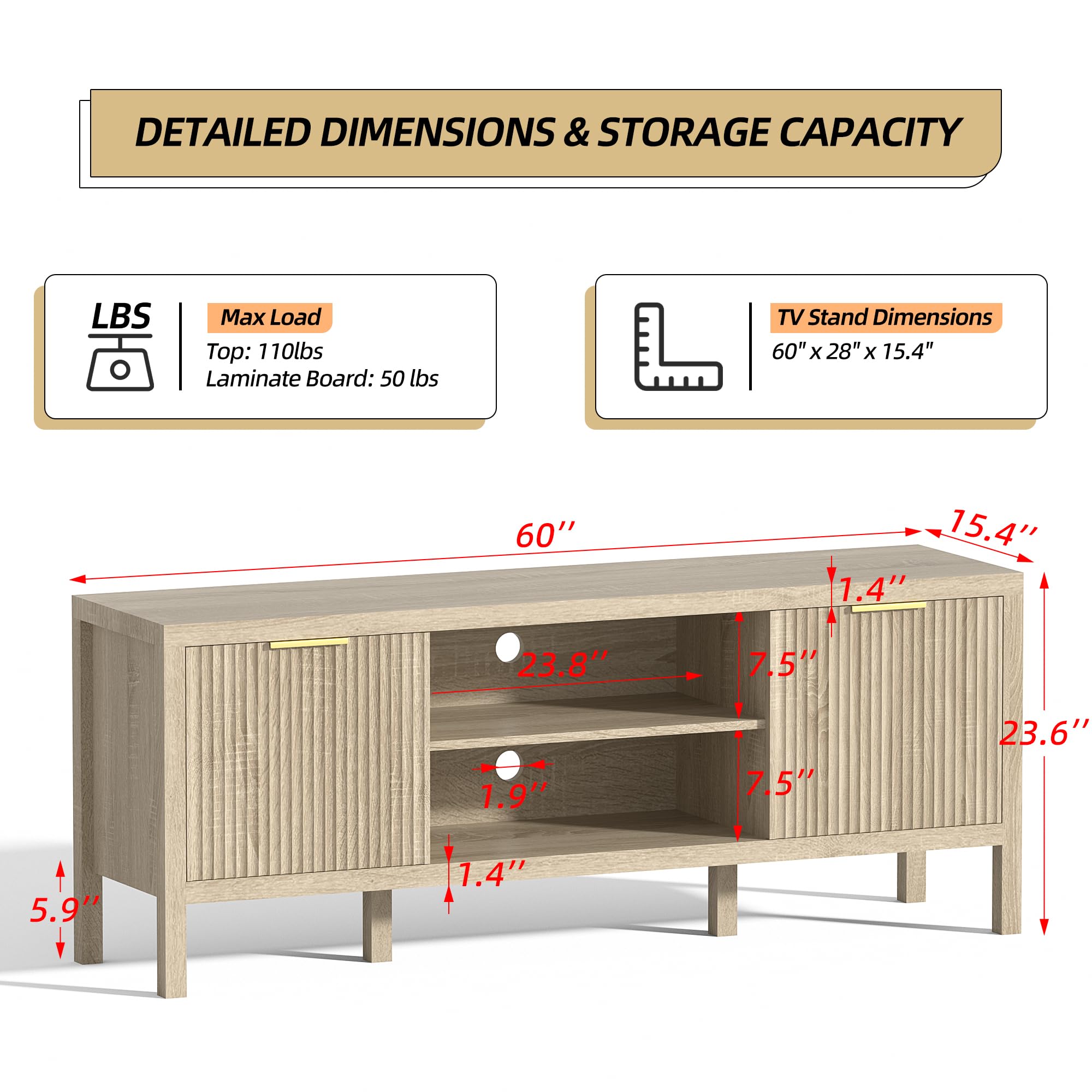 Mid Century Modern Fluted TV Stand with Storage Cabinet - Heavy Duty Entertainment Center for 65-Inch TVs - Sunwashed Ash Oak Finish - Perfect for Bedroom, Living Room & Home Theater Setup