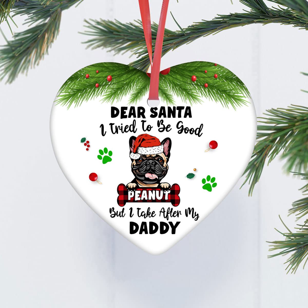 Personalized French Bulldog Christmas Pet Ornament with Santa Hat - 'Dear Santa I Tried to Be Good' Dog Gift for Dad, 3.2 Inch Hanging Heart Decor - Perfect for Holiday Tree, Pet Lover Gifts & Winter Home Decor