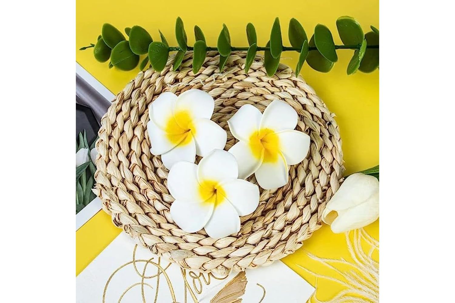 ALIBA COLLECTION 6-Piece Plumeria Foam Hair Clips for Women & Girls - Hawaiian Flower Hair Accessories in White & Yellow - Perfect for Beach Parties, Weddings & Summer Styling