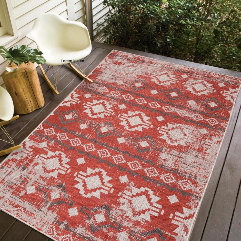 Premium Polypropylene Indoor/Outdoor Rug - Light Grey & Red - Perfect for Carnival, Patio, Deck, and Home Decor