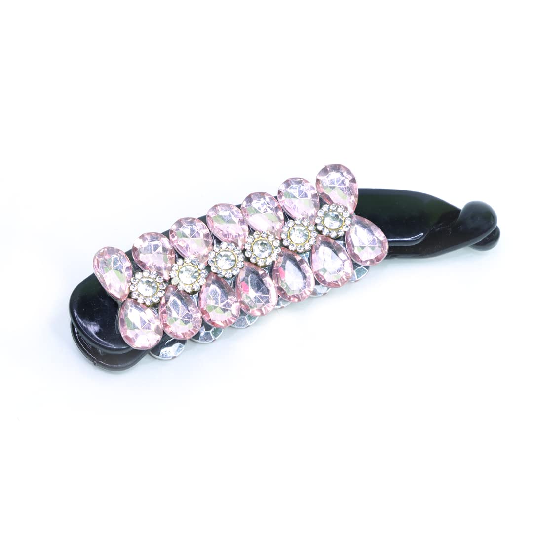 Sparkly Rhinestone Banana Hair Clip with Flower Design - Elegant Hair Accessories for Women (Pink) | Perfect for Weddings, Parties & Daily Styling