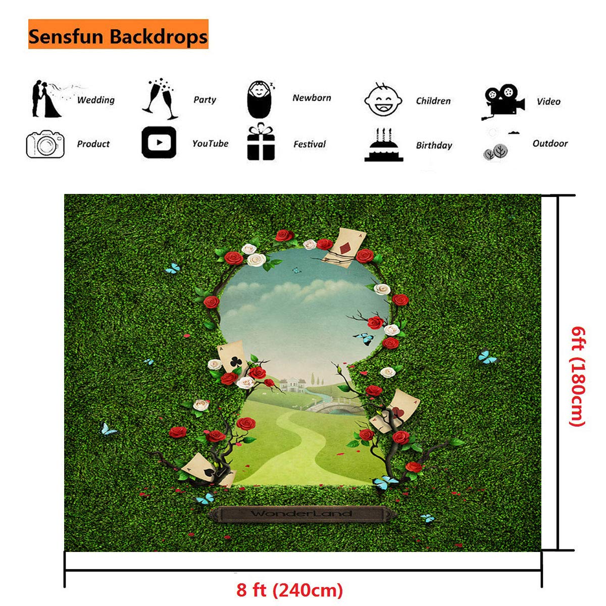 Sensfun 8x6ft Wonderland Photo Backdrop - Fantasy Fairy Tale Green Grass Gate Photography Background for Kids, Newborn Girls Birthday, Cake Table, Photo Booth, Studio Props (SXY1326) | Perfect for Birthday Parties, Baby Showers, and Themed Events