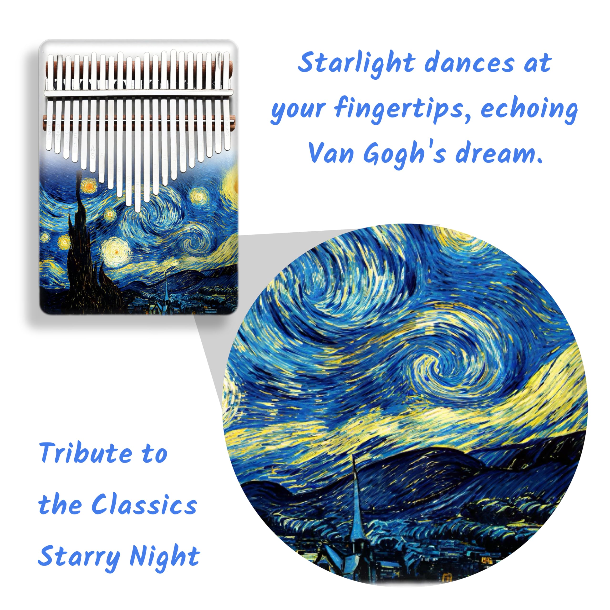 17 Key Kalimba Thumb Piano - Portable Mbira Finger Instrument with Tuning Hammer & Case - Musical Gift for Kids Adults Beginners (Starry Night Design) - Perfect for Relaxation, Music Therapy & Home Decor