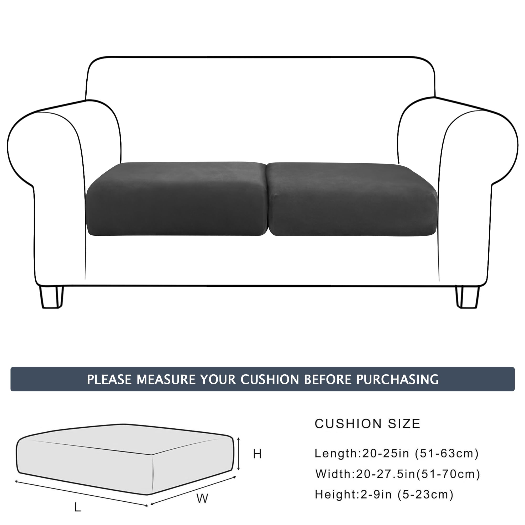 Soft Velvet Plush Stretch Cushion Cover - Elastic Bottom Sofa Slipcover (Black, 2 Pack) - Perfect for Living Room Furniture Protection & Home Decor