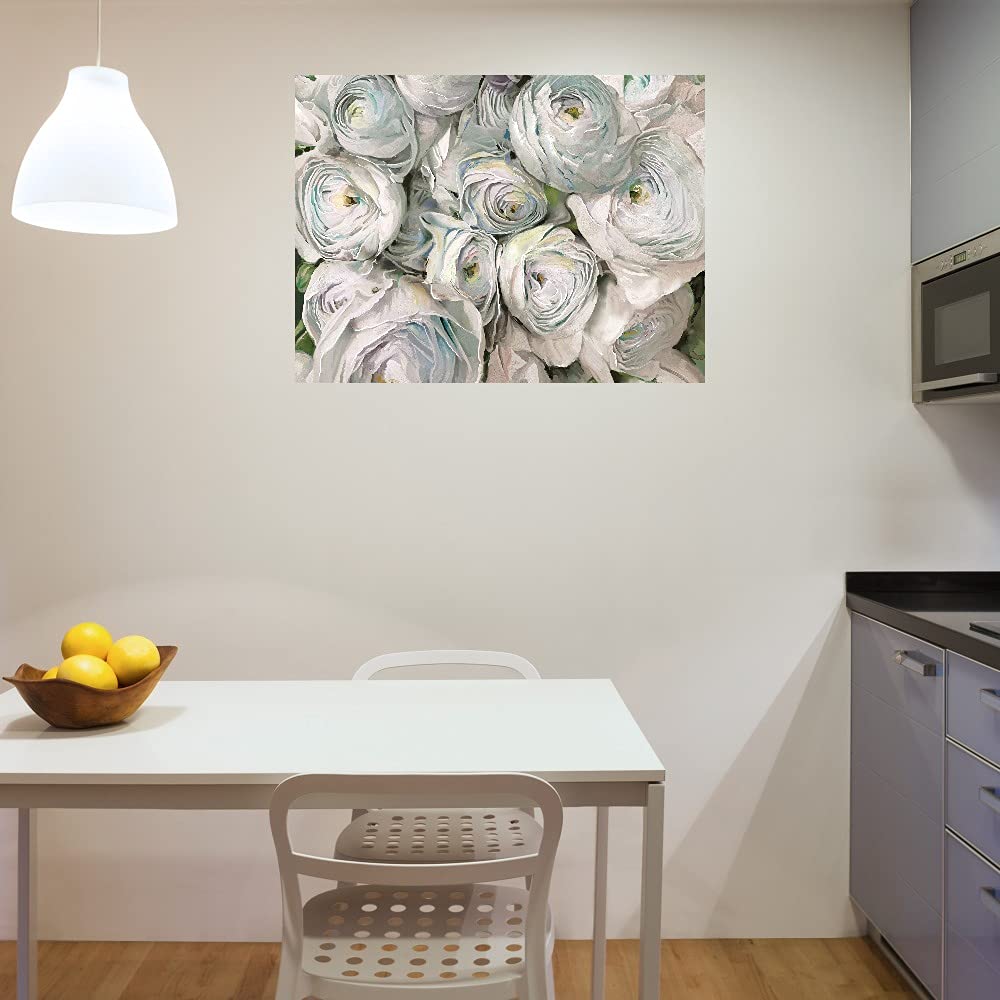 Premium White Ranunculus Floral Canvas Wall Art - Hand-Painted Fine Art Print for Home & Office Decor - Ready to Hang 32x24 Inches - Perfect for Living Room, Bedroom, Bathroom, Kitchen, Office, Bar & Dining Room Decor