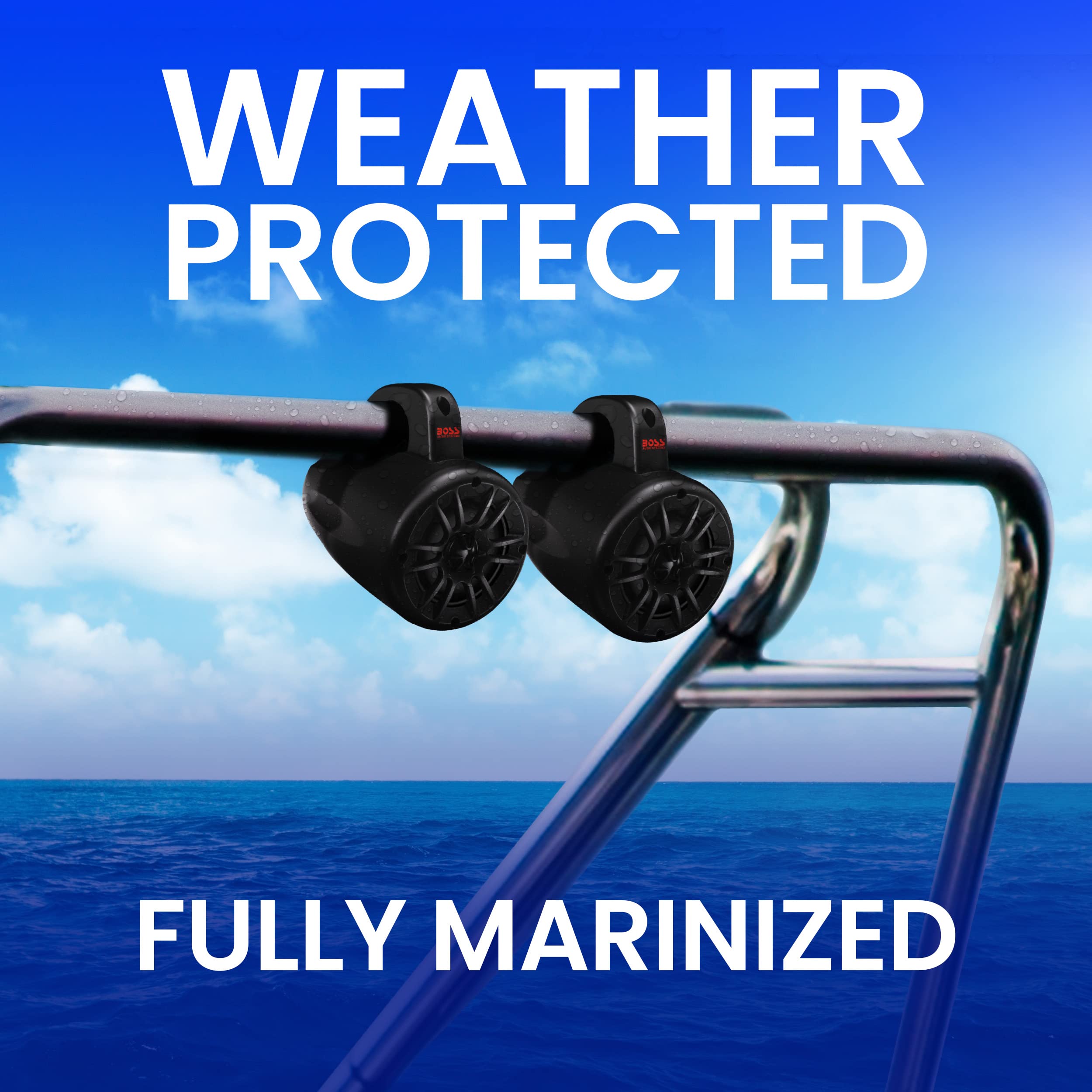 BOSS Audio Systems MRWT40 4-Inch Marine & ATV/UTV Weatherproof Waketower Speakers - IPX5 Rated, Full Range 2-Way Stereo with Tweeters (Sold in Pairs) | Perfect for Boats, Wakeboard Towers, and Off-Road Vehicles