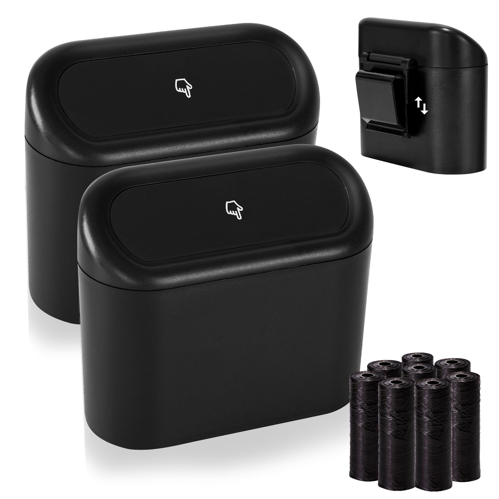 Ginsco 2 Pack Mini Car Trash Can with Lid - Small Leakproof ABS Garbage Bin for Car, Home & Office - Includes 120 Trash Bags (Black) - Perfect for Road Trips, Daily Commute & Workspace Organization