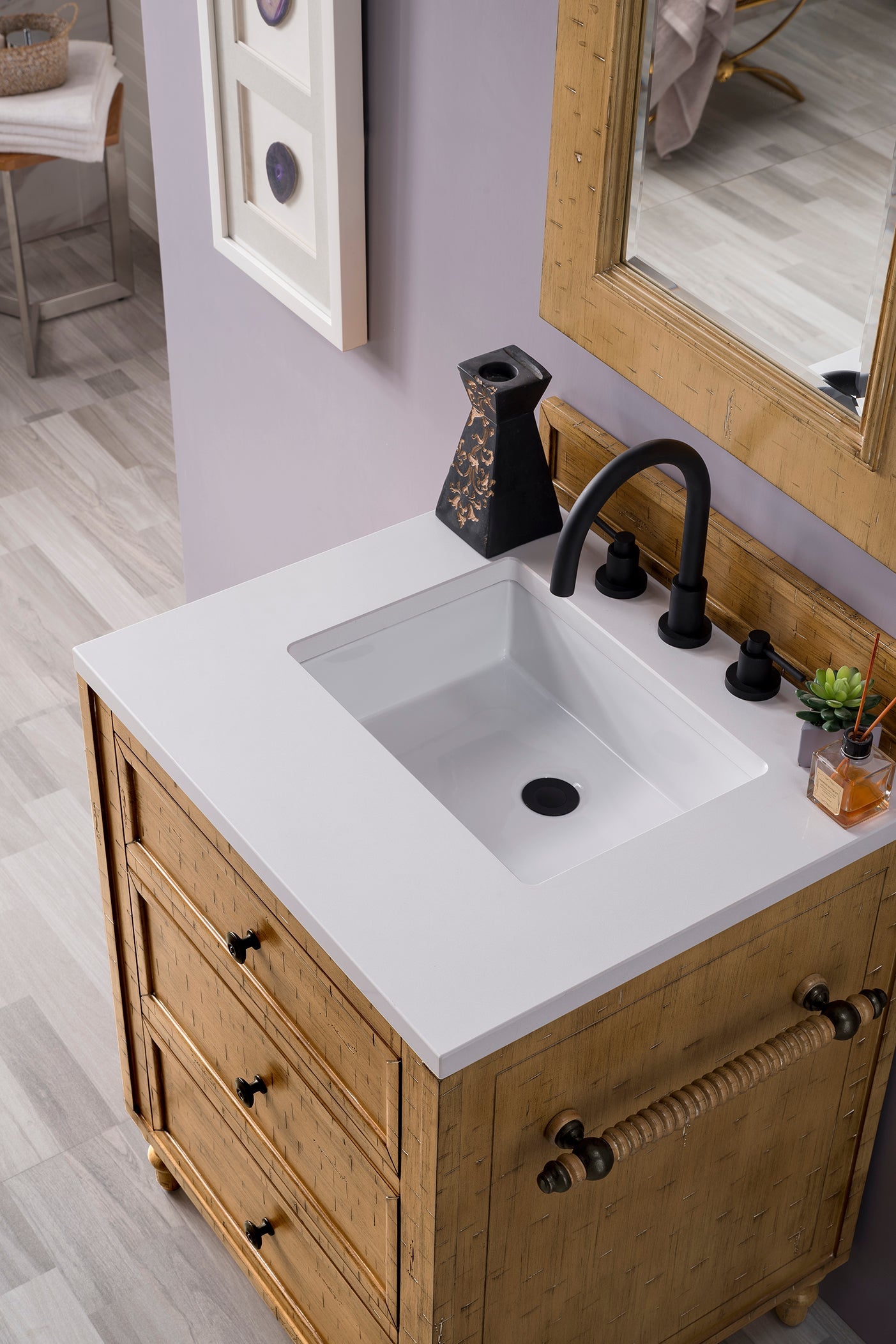 Copper Cove 26 Inch Single Bathroom Vanity Cabinet with 3CM Classic White Quartz Top in Driftwood Patina - Perfect for Modern Farmhouse, Coastal, or Transitional Bathroom Designs