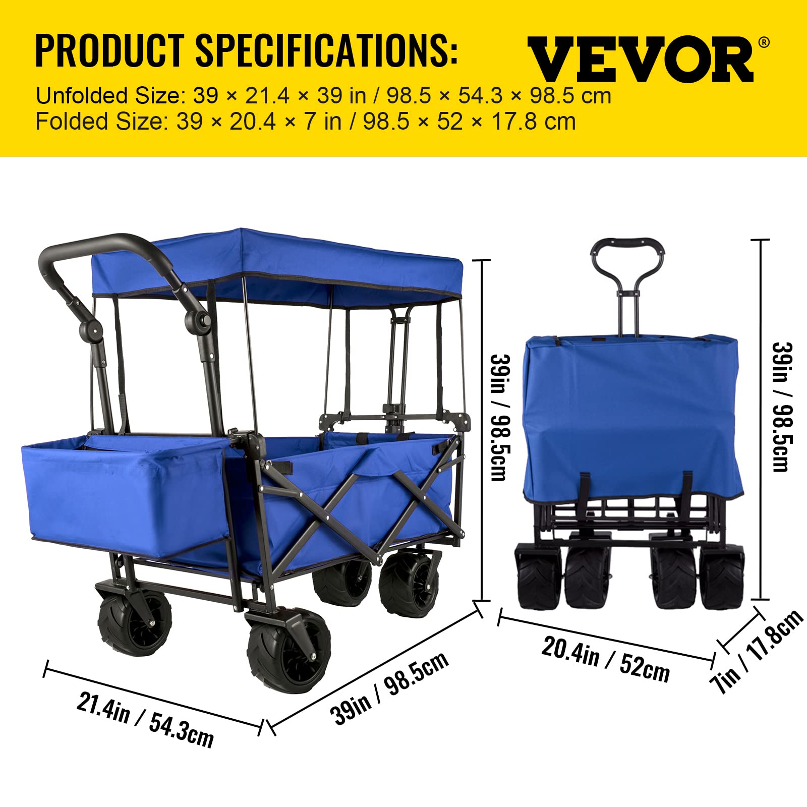 Happbuy Collapsible Wagon with Removable Canopy - Heavy Duty 220lbs Capacity Foldable Beach Wagon Cart with Large Wheels - Adjustable Push Pull Handles for Outdoor, Camping, Picnic, Grocery Shopping (Blue)