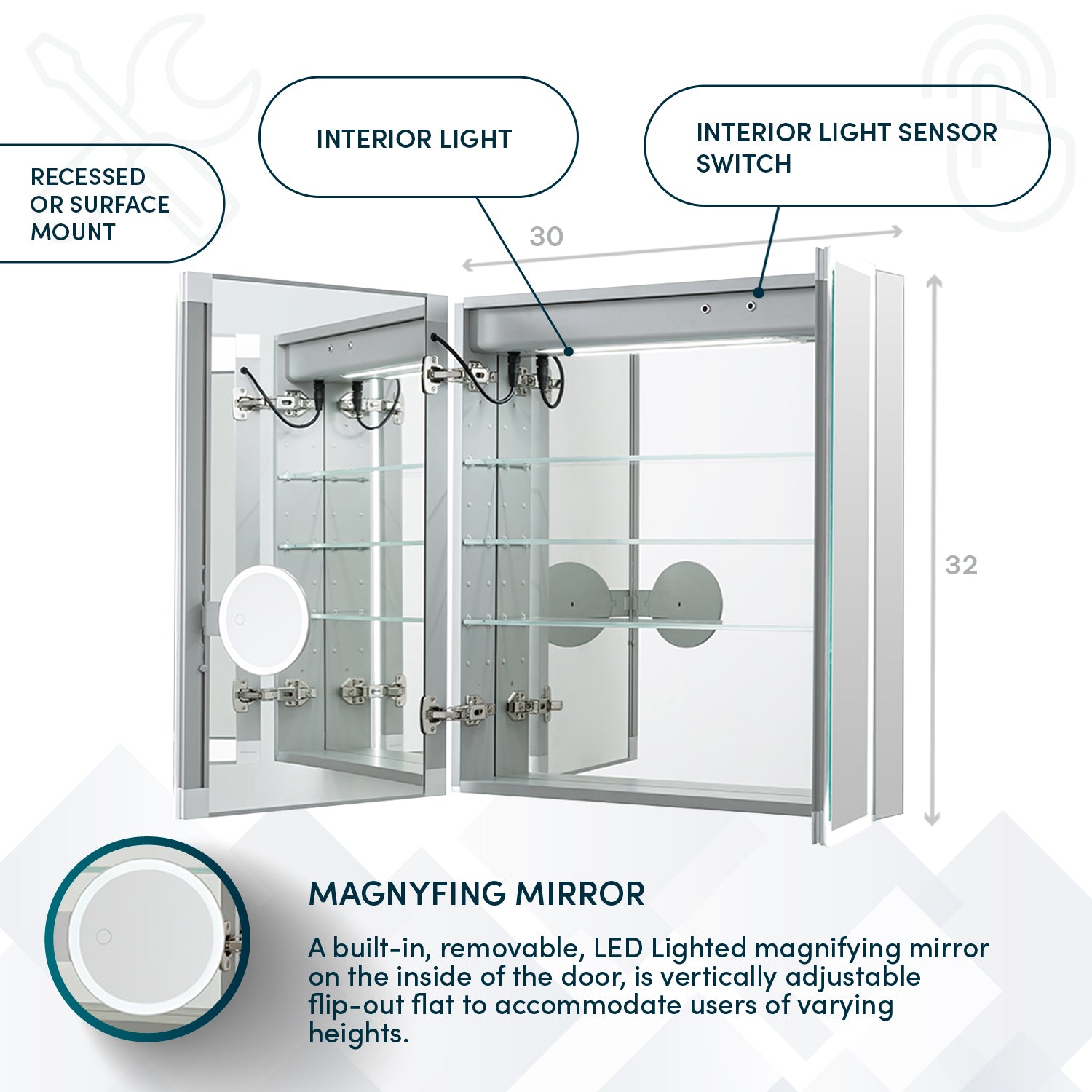 Aquadom Edge Royale 30x32 Inch LED Bathroom Medicine Cabinet - Modern Mirror with Lights for Vanity, Shaving & Makeup